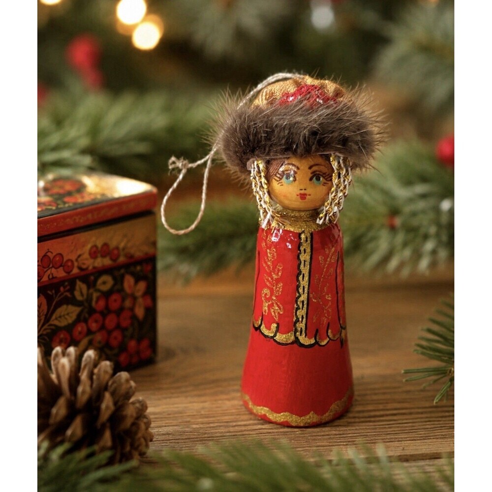 Vintage Handcrafted Russian Wooden Folk Art Traditional Costume Doll Ornament